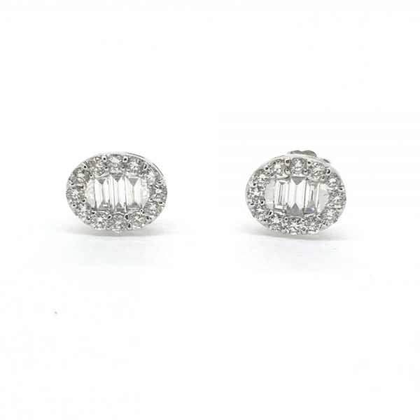 Brilliant and Baguette Diamond Cluster Stud Earrings, 0.66 carat total