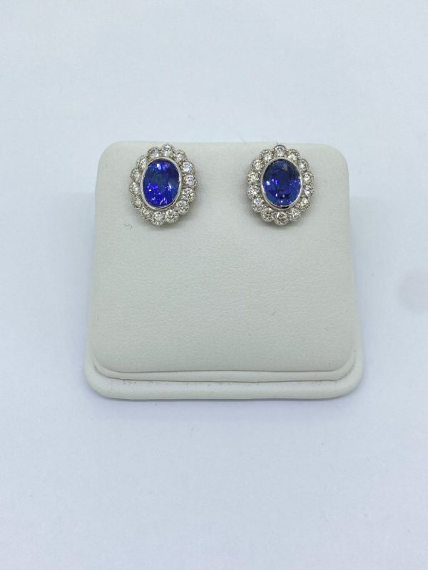 3.64ct Sapphire and Diamond Oval Floral Cluster Earrings