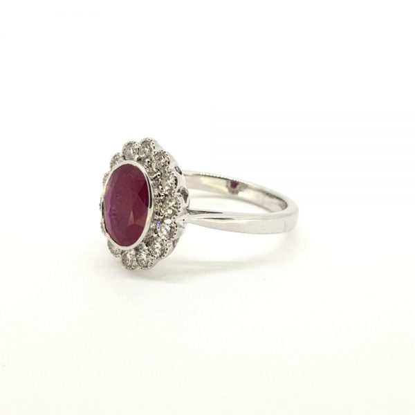 1.77ct Ruby and Diamond Oval Floral Cluster Ring in 18ct White Gold