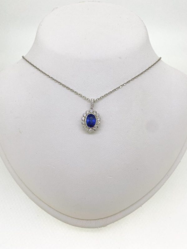 1.75ct Oval Sapphire and Diamond Cluster Pendant with Chain
