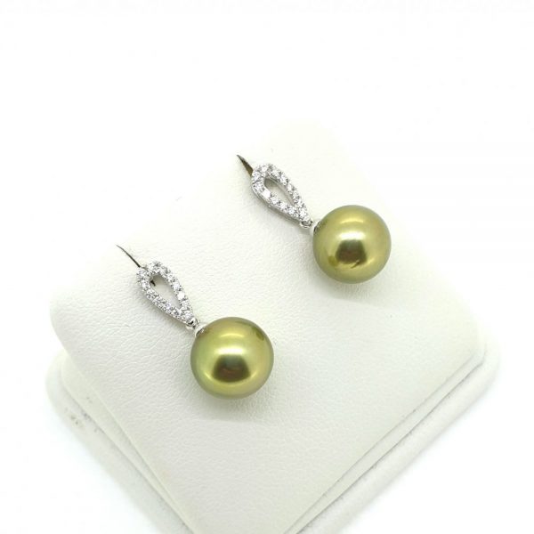 Pistachio Tahitian Pearl and Diamond Drop Earrings