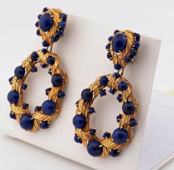 Vintage Retro Lapis Lazuli and 18ct Yellow Gold Earrings