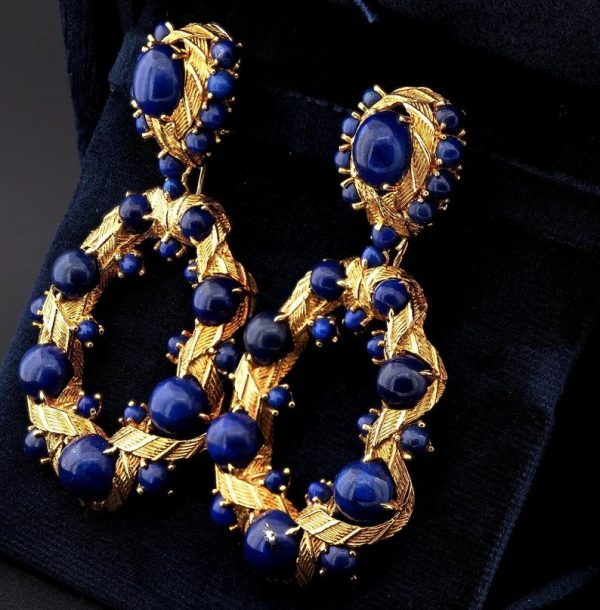Vintage Retro Lapis Lazuli and 18ct Yellow Gold Earrings