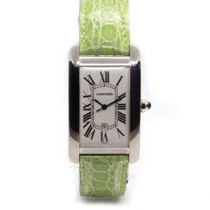 Cartier Tank Americaine 1741 Large Model 18ct White Gold Automatic Watch on a Cartier green leather strap, Circa 2005