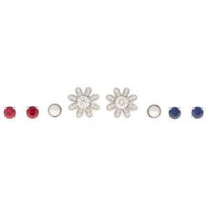 Interchangeable Ruby Sapphire Diamond Pearl Stud Earrings with Removeable Floral Surrounds; four individual pairs of stud earrings including ruby, sapphire, diamond and cultured pearl, with removeable floral jackets