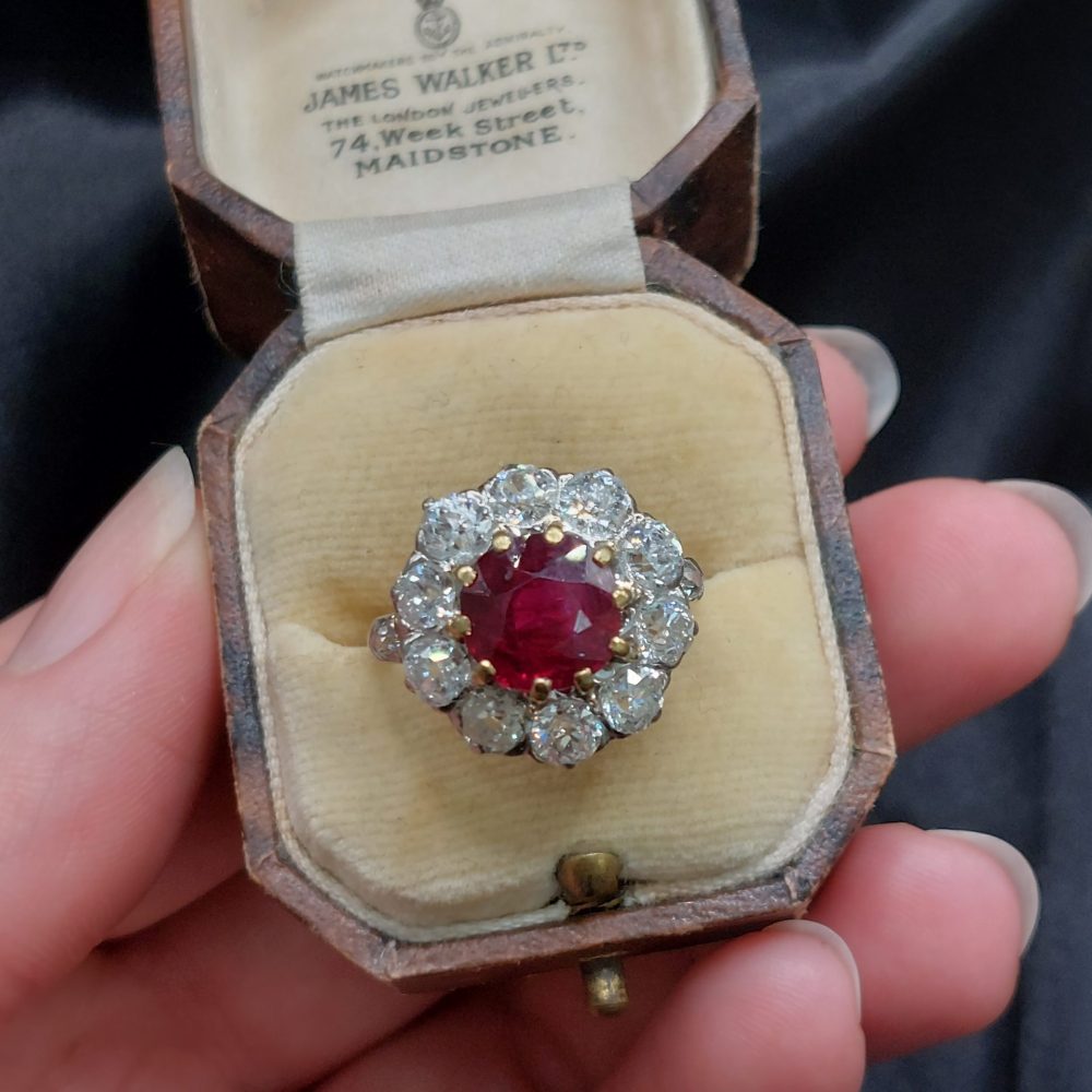 Antique French 2.80ct Natural Ruby and Old Cut Diamond Cluster Ring