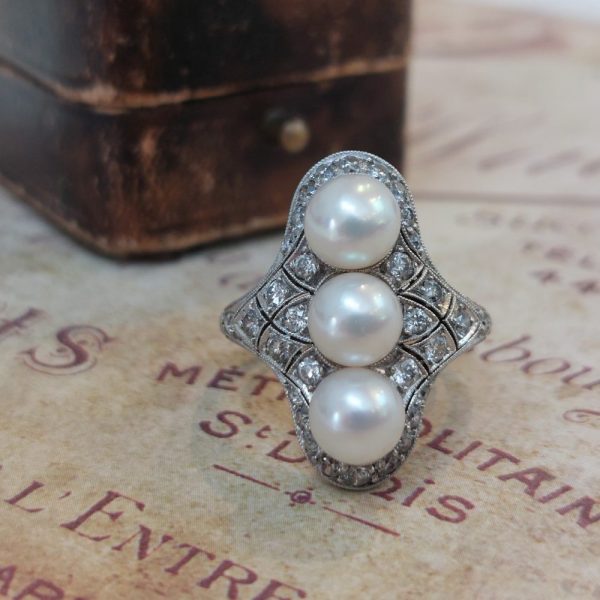 Art Deco Pearl and Diamond Dress Ring by J E Caldwell and Co