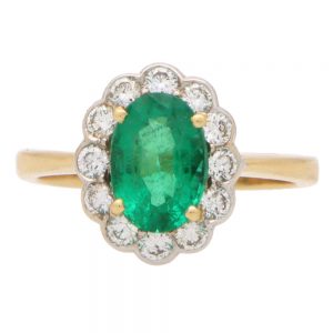 1.55ct Oval Emerald and Diamond Floral Cluster Ring in 18ct Gold