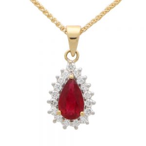 Modern Pear Cut Ruby and Diamond Cluster Pendant; 1.06ct pear-cut ruby is surrounded by 17 round brilliant cut diamonds totalling 0.24cts, in 18ct yellow gold