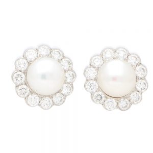 Pearl and Diamond Cluster Earrings in 18ct White Gold
