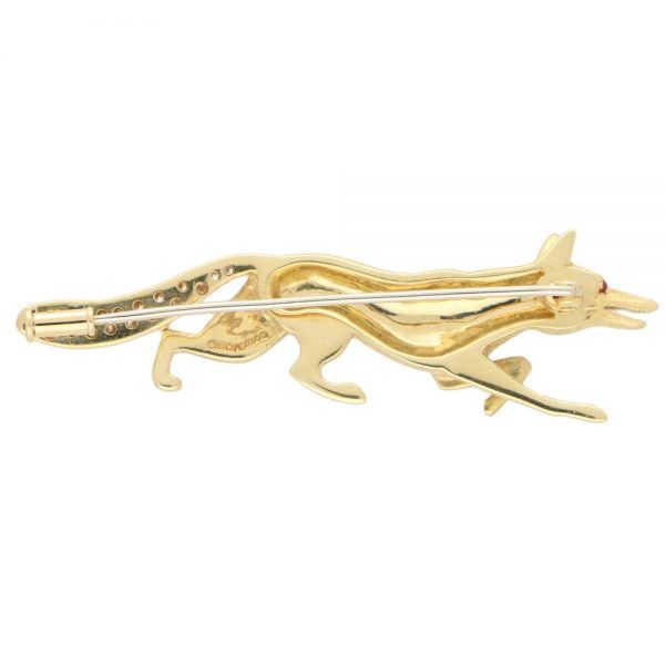 Yellow Gold Fox Brooch with Diamond and Rubies