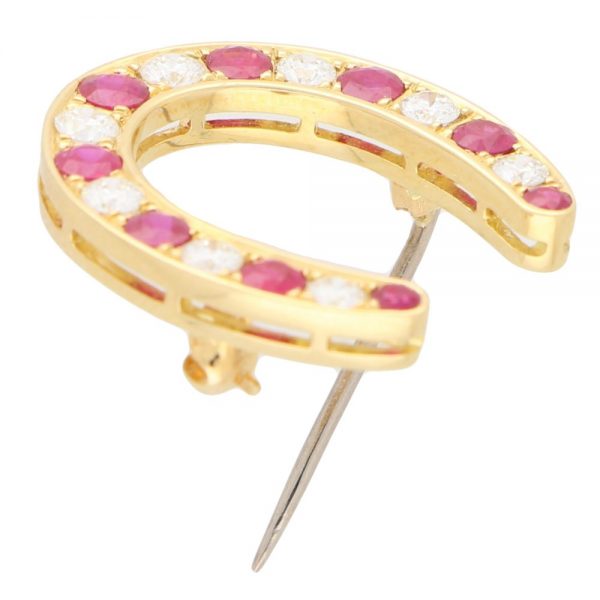 Ruby and Diamond Lucky Horseshoe Brooch in 18ct Yellow Gold