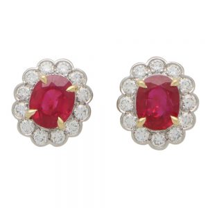 2.49ct Oval Ruby and Diamond Floral Cluster Stud Earrings