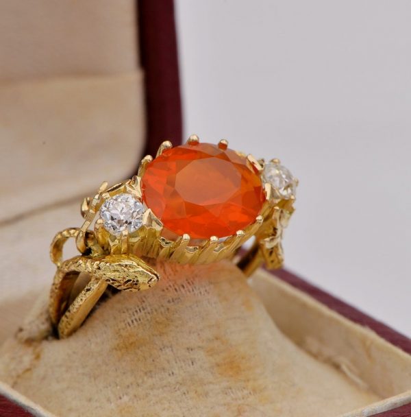 Rare Antique Victorian 3.80ct Natural Fire Opal .60ct Old Mine Cut Diamond Snake ring