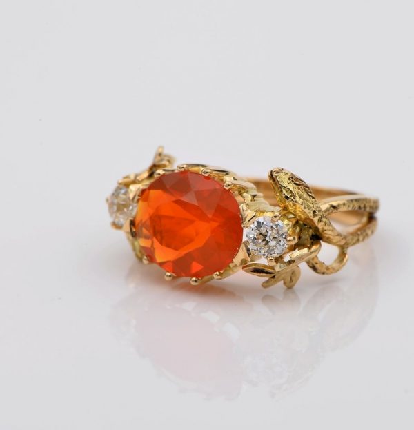 Rare Antique Victorian 3.80ct Natural Fire Opal .60ct Old Mine Cut Diamond Snake ring