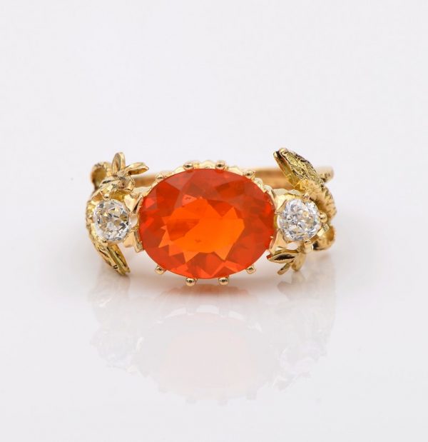 Rare Antique Victorian 3.80ct Natural Fire Opal .60ct Old Mine Cut Diamond Snake ring