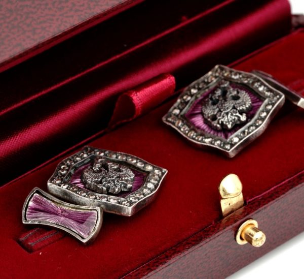Antique Fabergé Mikhail Perkhin Antique Diamond Guilloche Cufflinks
