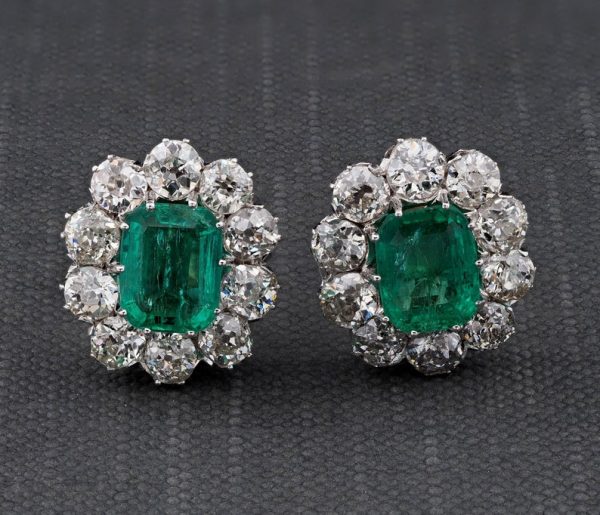 Antique Art Deco 3.16ct Certified Colombian Emerald 4.40ct Old Mine Cut Diamond Stud Earrings