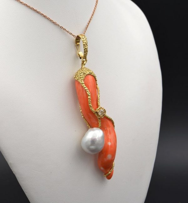 Vintage Coral Diamond and Pearl Rare Signed Cornetto Pendant