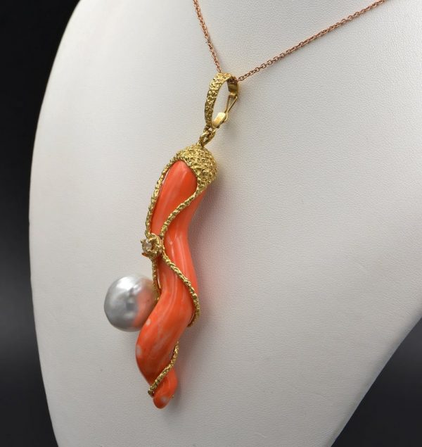 Vintage Coral Diamond and Pearl Rare Signed Cornetto Pendant