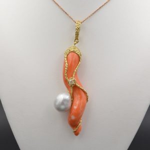 Vintage Coral Diamond and Pearl Rare Signed Cornetto PendantVintage Coral Diamond and Pearl Rare Signed Cornetto Pendant