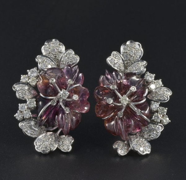 Vintage Carved Melon Tourmaline and 3.10 Carat Diamond Rare Flower Earrings