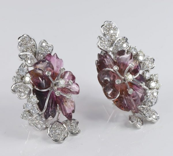 Vintage Carved Melon Tourmaline and 3.10 Carat Diamond Rare Flower Earrings