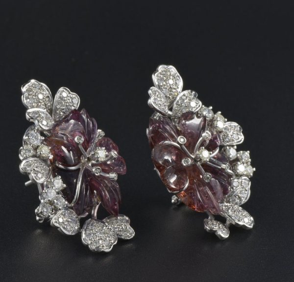 Vintage Carved Melon Tourmaline and 3.10 Carat Diamond Rare Flower Earrings