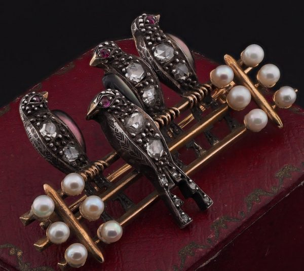 Antique Georgian French Pearl and Diamond Novelty Swallow Brooch