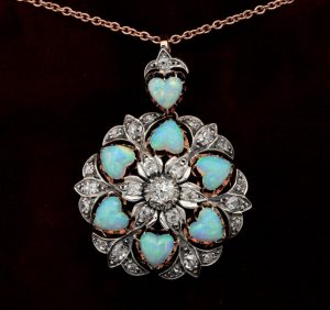 Antique Victorian Rare 10.50ct Heart Multi Opal and 1.45ct Diamond Brooch Pendant