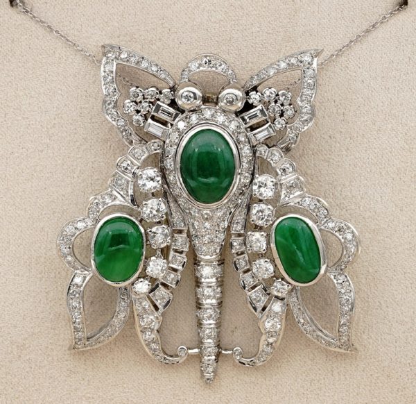 Antique Art Deco 11.0ct GCS Certified Jadeite Jade and 12.40ct Diamond XL Butterfly Platinum Pendant Brooch