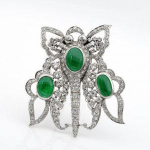 Antique Art Deco 11.0ct GCS Certified Jadeite Jade and 12.40ct Diamond XL Butterfly Platinum Pendant Brooch