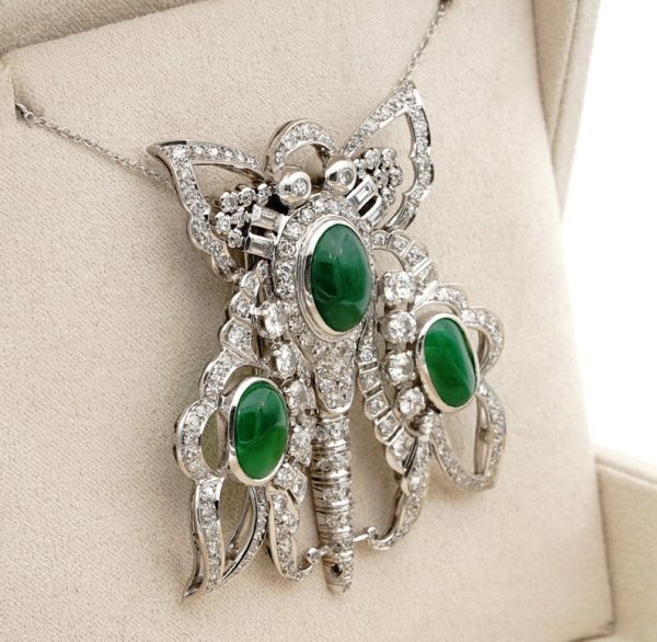 Antique Art Deco 11.0ct GCS Certified Jadeite Jade and 12.40ct Diamond XL Butterfly Platinum Pendant Brooch