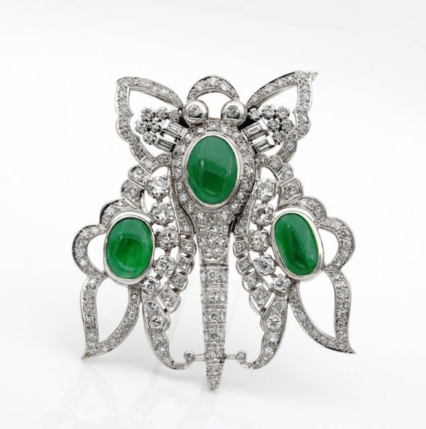 Antique Art Deco 11.0ct GCS Certified Jadeite Jade and 12.40ct Diamond XL Butterfly Platinum Pendant Brooch