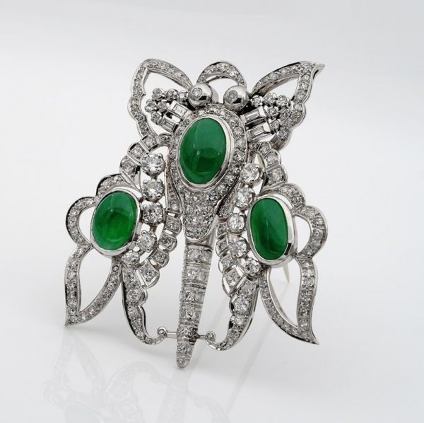 Antique Art Deco 11.0ct GCS Certified Jadeite Jade and 12.40ct Diamond XL Butterfly Platinum Pendant Brooch