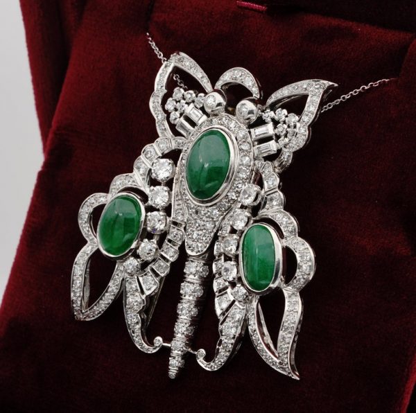 Antique Art Deco 11.0ct GCS Certified Jadeite Jade and 12.40ct Diamond XL Butterfly Platinum Pendant Brooch