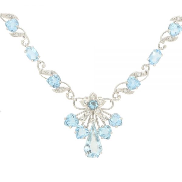 Aquamarine and Diamond Floral Spray Filigree Necklace
