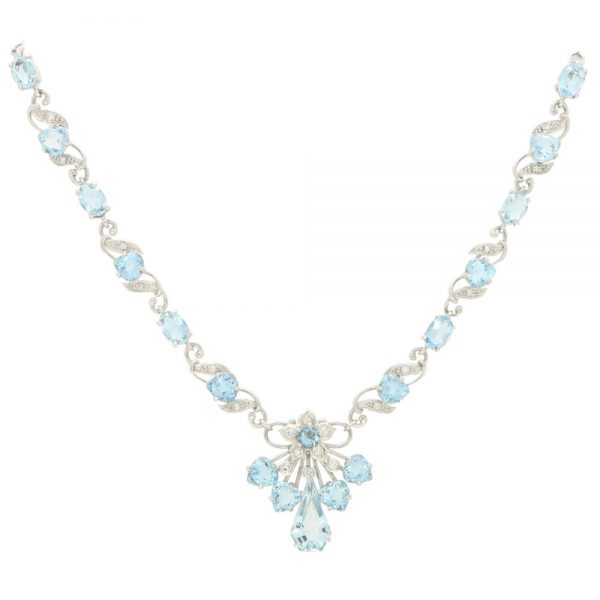 Aquamarine and Diamond Floral Cluster Spray Filigree Necklace
