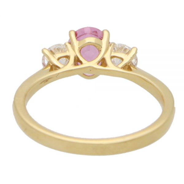 1.08ct Oval Pink Sapphire and Diamond Three Stone Engagement Ring in 18ct Yellow Gold