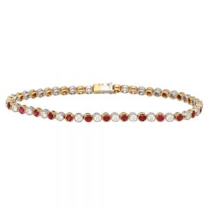 Contemporary Ruby and Diamond Line Tennis Bracelet set with alternating 1.44cts brilliant diamond and 1.65cts rubies rubover set in 18ct white and yellow gold articulated links