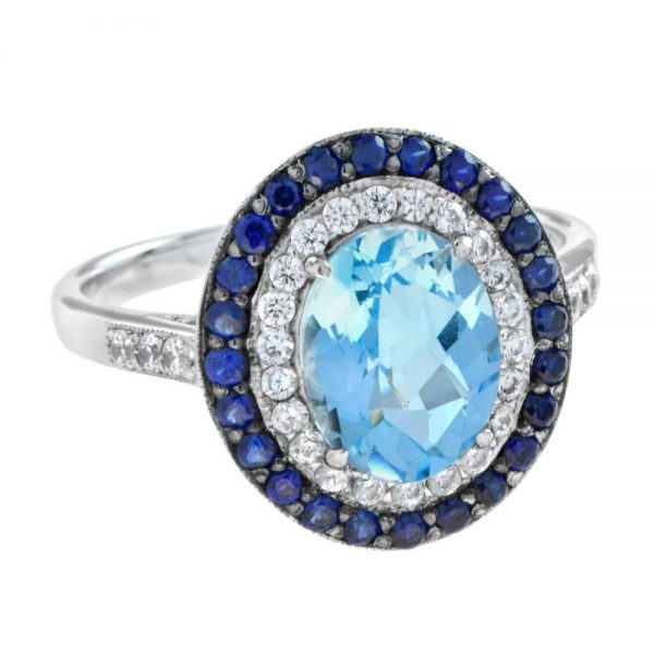 Contemporary Blue Topaz, Sapphire and Diamond Cluster Dress Ring