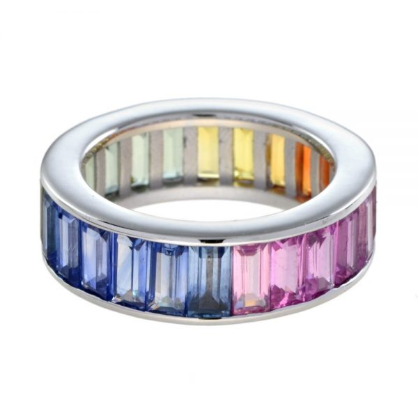 Baguette Rainbow Sapphire Full Eternity Band Ring in 18ct White Gold
