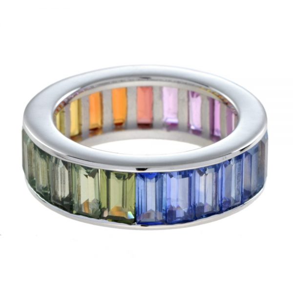 Baguette Rainbow Sapphire Full Eternity Band Ring in 18ct White Gold