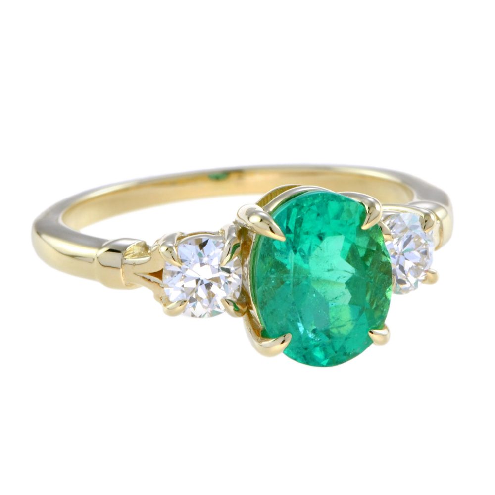 2.03ct Oval Emerald and Diamond Three Stone Ring in 18ct Yellow Gold