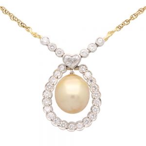 Golden pearl and diamond pendant necklace