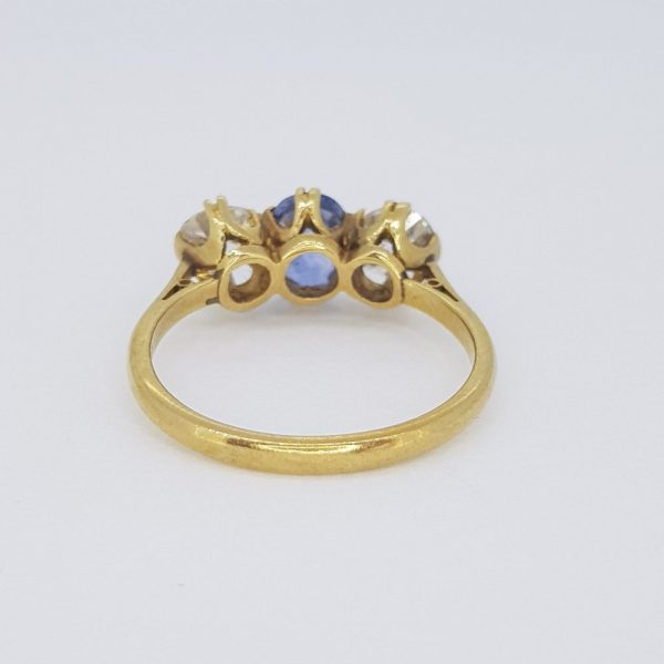 Natural Sapphire and Old Cut Diamond Three Stone Ring