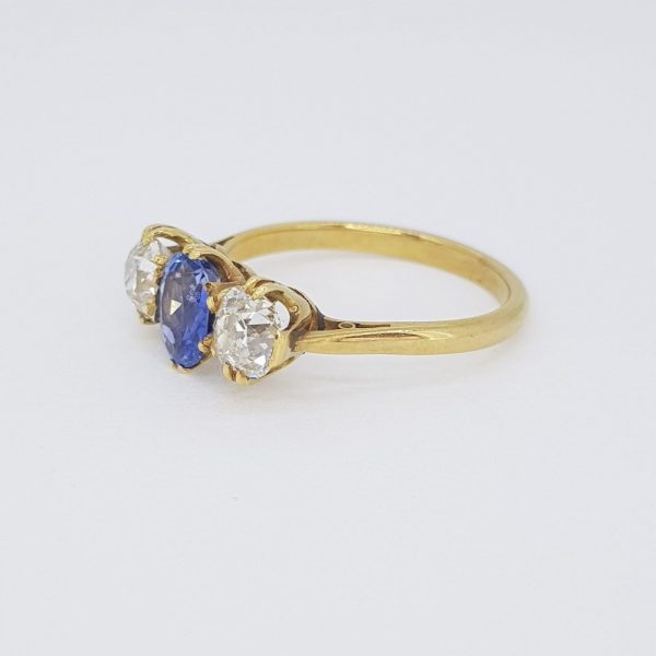 Natural Sapphire and Old Cut Diamond Three Stone Ring