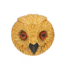 Antique Victorian Yellow Gold Owl Brooch; unique handcrafted owl's head in 9ct yellow gold with fine feather detailing, small glass bead eyes and striking black onyx beak
