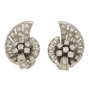 Vintage Art Deco Style Diamond Cluster Spray Earrings set with 1.30 carats of eight-cut diamonds in white gold, Circa 1950-1960