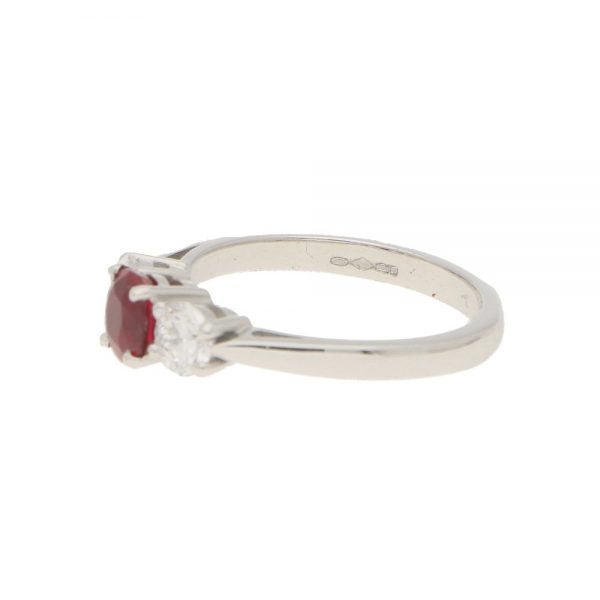 0.98ct Ruby and Diamond Three Stone Engagement Ring in 18ct White Gold